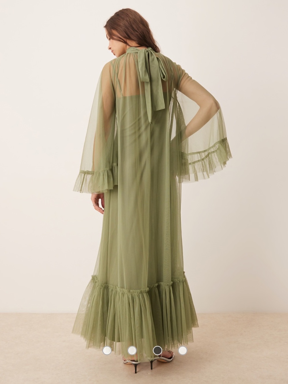 Lace & Beads Olive Green Maxi Mesh Dress with Ruffle Hem - Picture 6 of 7